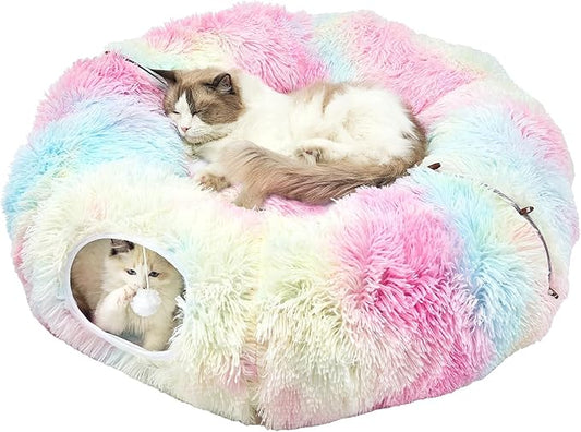 JIUPETY Cat Tunnel Bed with Soft Plush Mat, Collapsible Tube Playground, Cat Toy Tunnel for Indoor Cats, Kitten, Rabbit, Ferret, Fluffy Plush Material, Includes Dangling Balls, Rainbow