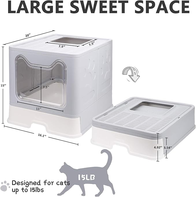 Foldable Cat Litter Box with Lid, Enclosed Cat Potty, Top Entry Anti-Splashing Cat Toilet, Easy to Clean Including Cat Litter Scoop and 2-1 Cleaning Brush (Grey) Large