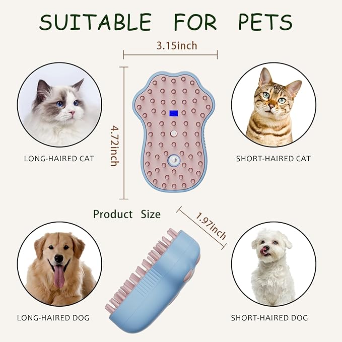 Cat Steam Brush, Cat Steam Brush for Shedding, 4 In1 Rechargeable Pet Hair Removal Tool for Cat, Dog, Self Cleaning & Grooming Brush for Long & Short Hair of Pets, Comfortable Skin-friendly (Pink)