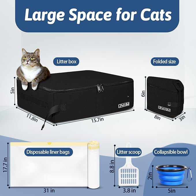 Petskd Portable Cat Travel Litter Box with Lid and 10 pcs Disposable Liner Bags, Leak-Proof and Collapsible, Cat Travel Essentials for Car Travel, Hotel, Airplane and Other Outdoor Use(Black)
