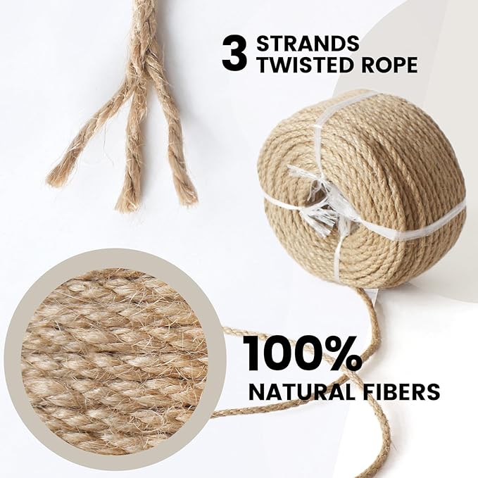 6mm 164 Feet Nature Jute Twine, Jute Rope for Cat Scratching Post DIY Arts Crafts Gardening Bundling Home Decor