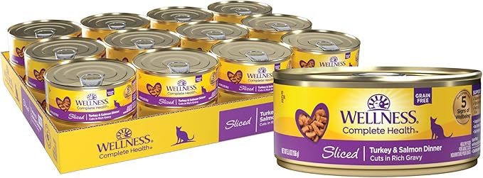Wellness Complete Health Natural Grain Free Wet Canned Cat Food, Sliced Turkey & Salmon Entree, 5.5-Ounce Can (Pack of 24)