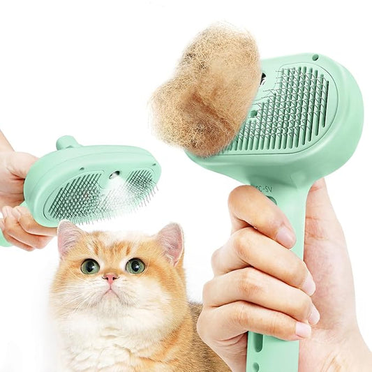 Spray Cat Brush for Shedding, Pet Grooming Brush Remove Static Flying Hair, Self Cleaning Pet Brush with Release Button for Long and Short Dogs Cats Rabbit Massage - Green
