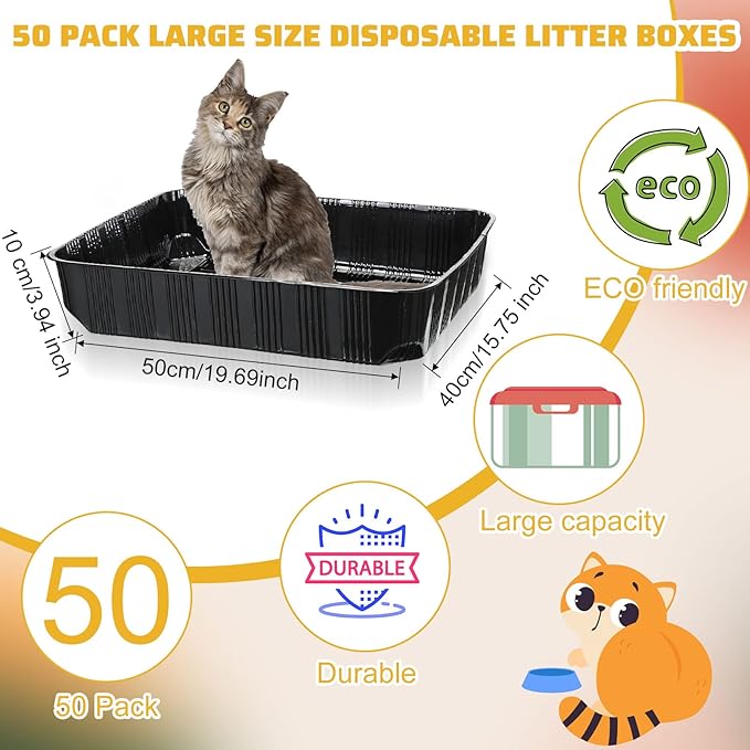 Zubebe 50 Pack Disposable Cat Litter Box for Cats, Large Disposable Kitty Litter Tray Box 19.69 x 15.75 x 3.94 inches Plastic Litter Box Pan Standard for Indoor Home Travel Portable(Black)