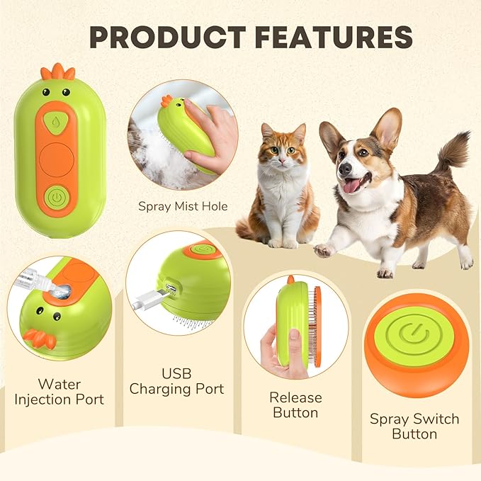 Cat Steam Brush, 3 In 1 Self-Cleaning Steam Cat Brush for Shedding with Release Button, Cat Deshedding Hair Brush with Steam for Long & Short Haired Cats and Dogs, Removes Tangled and Loose Hair