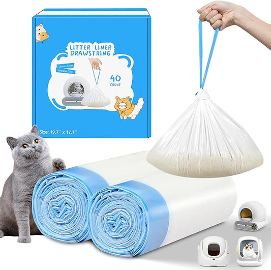 Cat Litter Bags for Automatic Litter Box 40 Count, Extra-Thick Cat Litter Box Liners for MeoWant MW-SC01,MW-SC02, Duty Drawstring Kitty Litter Bags-19.7" x 17.7"