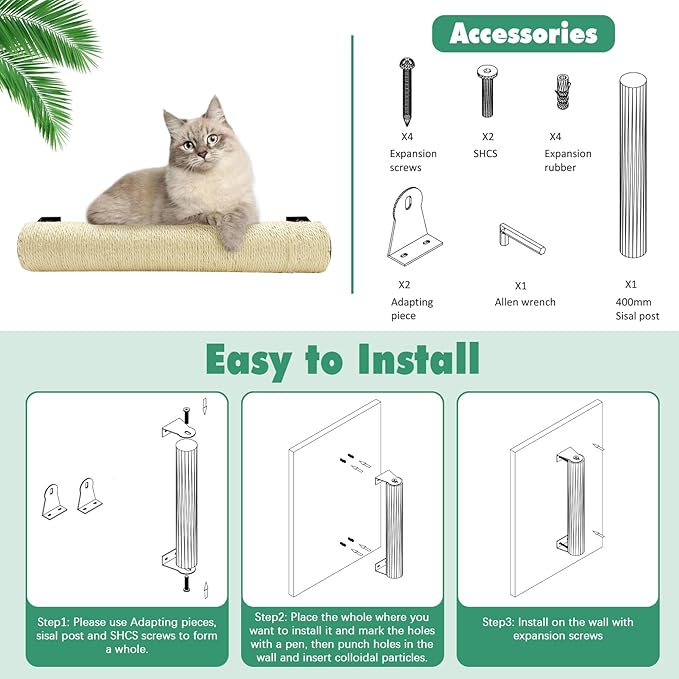 Wall Mounted Scratching Post for Cats 16 Inches Sisal Rope Cat Wall Scratcher Posts Wall Mount Cat Furniture for Indoor Kittty to Scratch and Climbing with Feather Toys
