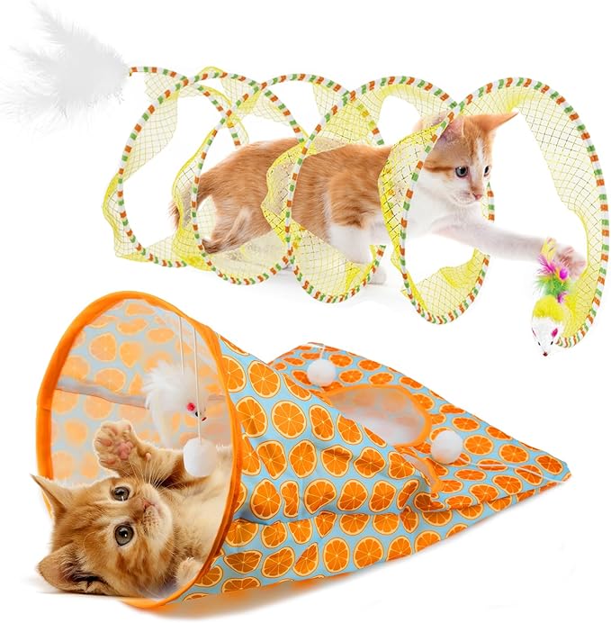 2 Pcs Cat Tunnels for Indoor Cats - S Type Foldable Cat Spiral Tunnel Toy, Decompression Interactive Self-Play Cat Hunting Spiral Tunnel Cat Drill Bag with Plush Ball Cat Toys