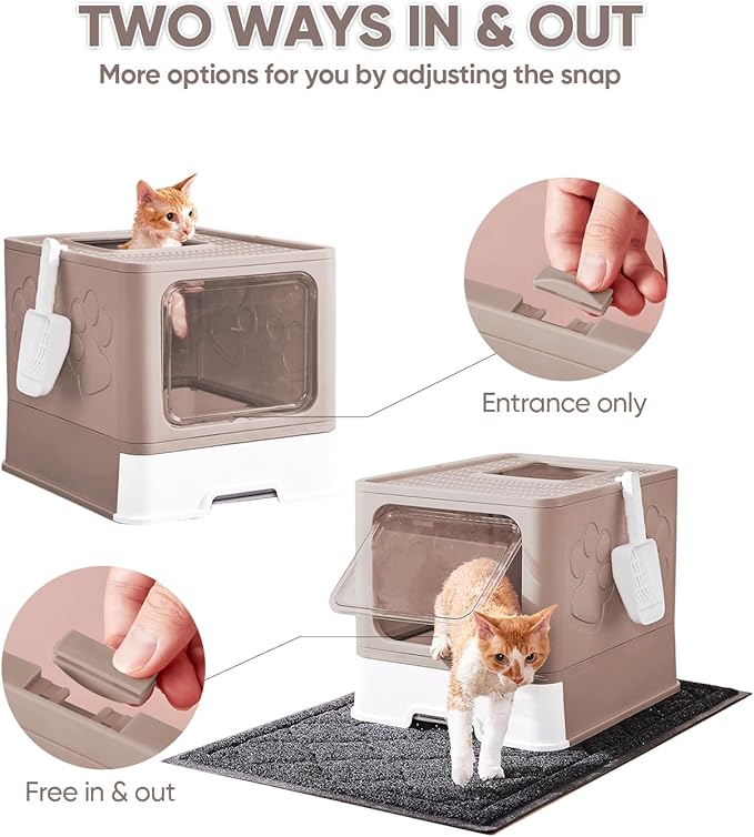 Cat Litter Box with X-Large Litter Mat and Scoop, Large Foldable Litter Box with Lid, Front Top Entry Exit Kitty Litter Box, Odor Control Easy Clean (Upgrade Coffee)