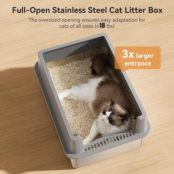 Extra Large 28" x 20" Litter Box Pan for Big Cats Maine Ragdoll Metal Large Enclosed Stainless Steel Litterbox with Lid Litter Scoop Gray, Non-Sticky, Anti-Leakage, Easy Cleaning