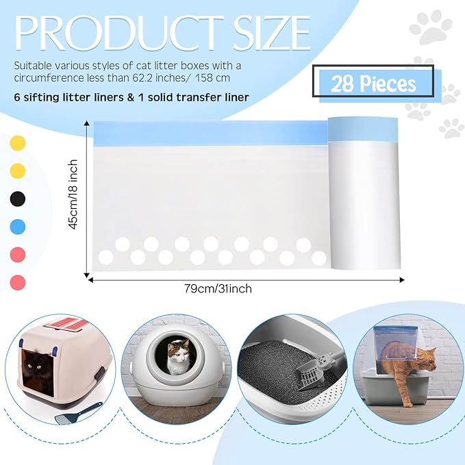 28 Count Large 31 x 18 Inch Sifting Cat Litter Bags Thick Cat Litter Box Liners with Holes Portable Thick Scratch Resistant Cat Litter Bags Drawstring Litter Box Liners for Pet Cat Litter Box Supplies