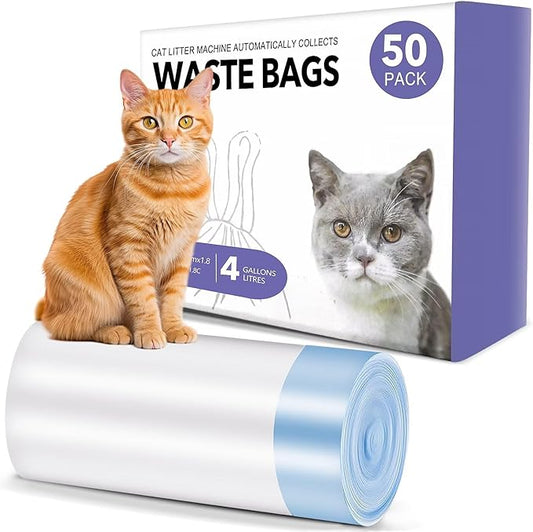 Tailtactic Cat Litter Box Liners - 50 Count Large Two-Way Drawstring Tear & Leak Resistant Unscented Waste Bag for Automatic Cat Litter box-23×15.7"