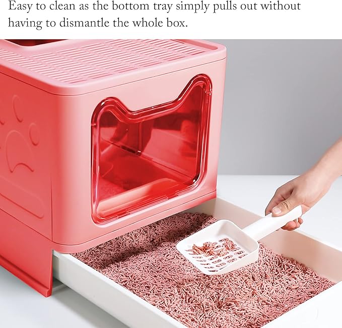 ROCCS Foldable Pink Cat Litter Box with Lid,No Smell Large Top Entry Litter Box with Cat Litter Scoop,Covered Drawer Type Kitty Potty,Including Fur Brush & Cleaning Glove, 20" x 16" x 15"