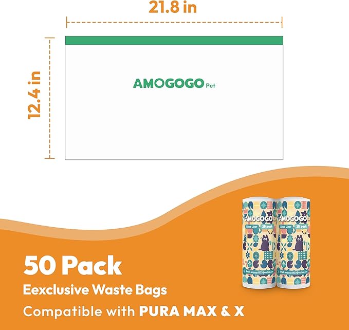 Litter Bags, Compatible with Petkit Pura Max & X, Thick Heavy Duty Replaced Waste Bags, 50 Count Leak-Proof Portable Trash Bags with Drawstring, Self Cleaning Litter Box Receptacles Bags