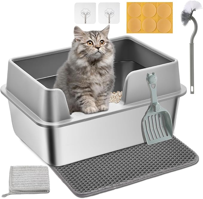 Stainless Steel Litter Box - Cat Metal Litter Box with Splash-Proof Lid, Easy Cleaning & Odor-Less Stainless Steel Cat Litter Box with Double Layer Litter Mat, Litter Scoop, Brush, 20” x14”