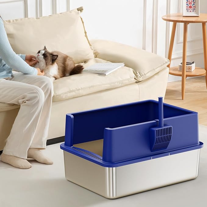 Extra Large 28" x 20" Litter Box Pan for Big Cats Maine Ragdoll Metal Large Enclosed Stainless Steel Litterbox with Lid Litter Scoop Blue, Non-Sticky, Anti-Leakage, Easy Cleaning