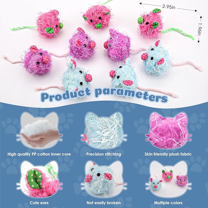 Fashion's Talk Plush Catnip-Filled Mice Toy for Indoors Cats, Soft Stuffed Mice for All Breed Sizes Exercise 9 Count Furry Mice