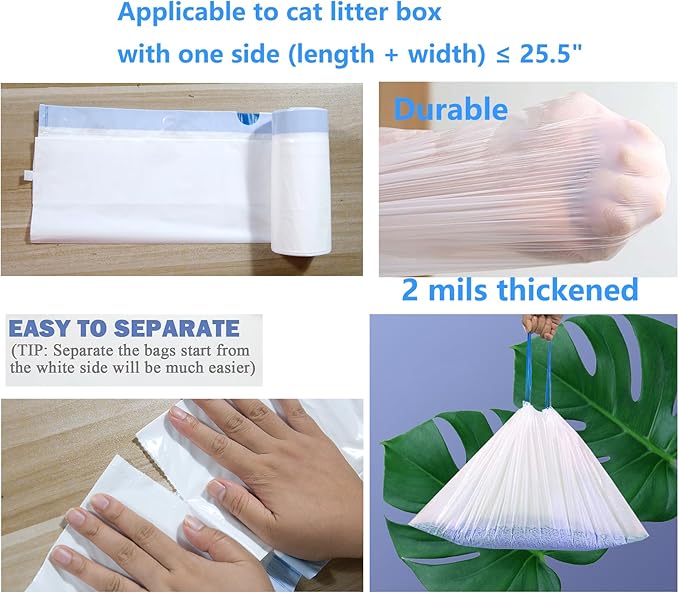 20 Count Cat Drawstring Litter Box Liners 26.6x16.7 inches 2Mils Super Thick White Cat Litter Waste Bags Poop Bags for Self-Cleaning Litter Box Cat Litter Pan Trays (Blue Drawstring 20 count)