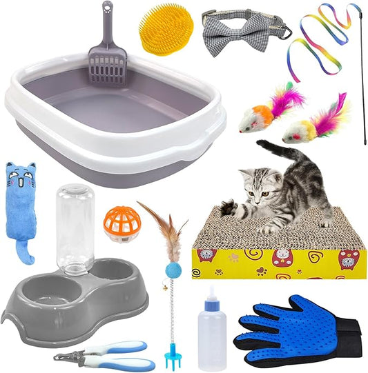 Kitten Starter Kit, 15 Piece Cat Essentials Set Includes Cat Litter Box,Cat Toys, Cat Collars,Cat Scratch Pad, cat Nail File,Automatic Cat Feed Bowls, Pet Grooming Gloves for Cats Daily Life(Gray)