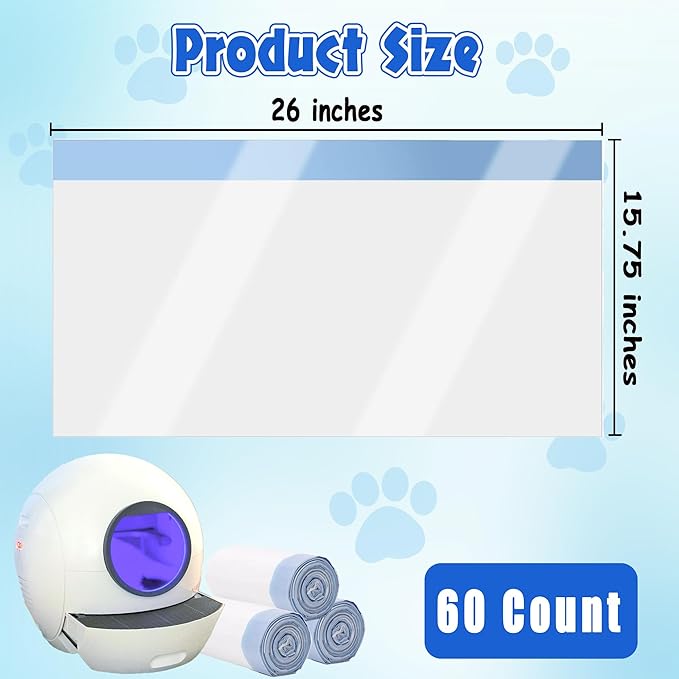 xcivi 60 Count Cat Litter Box Liners for SMARTELF Automatic Cat Litter Box, 26 x 15.75 Inch, Drawstring Cat Litter Bags, Extra Large Cat Litter Box Liners, Universal Model