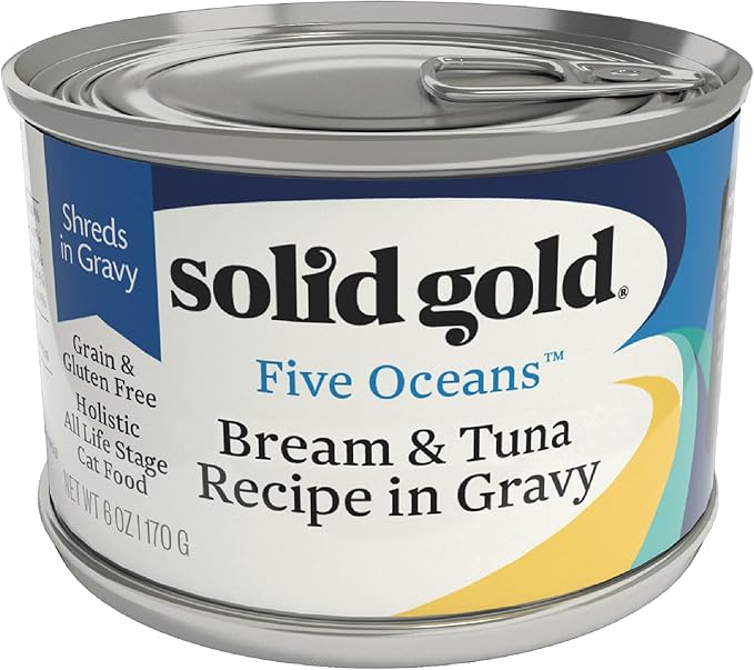 Solid Gold Wet Cat Food Shreds in Gravy - Canned Cat Food Made w/Real Tuna & Sea Bream - Five Oceans Grain Free 16ct/6oz Can