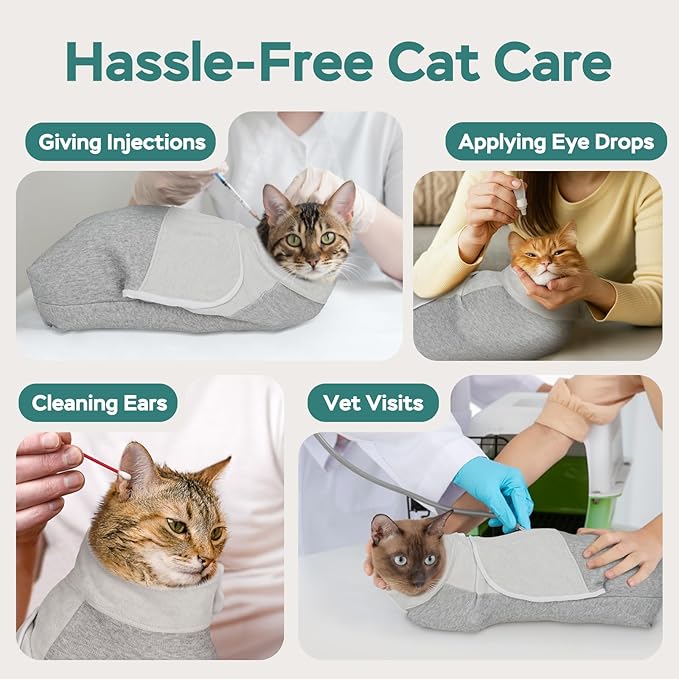Self-Adhesive Cat Grooming Wrap, Cozy Cat Wrap for Cutting Nails, Breathable Anti-Scratch Cat Swaddle Bag for Brushing, Ear Cleaning, Medication, Injections,Grey L