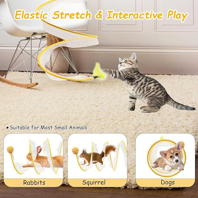 Cat Tunnel, 1PCS Folded Cat Tunnel Toy, Yellow Sisal Hemp Ball Tube Cat Springs for Indoor with Feather, Mouse Toys Interactive Cat Toy Tunnel Self-Happy Cat Toys, S-Type Collapsible Tent