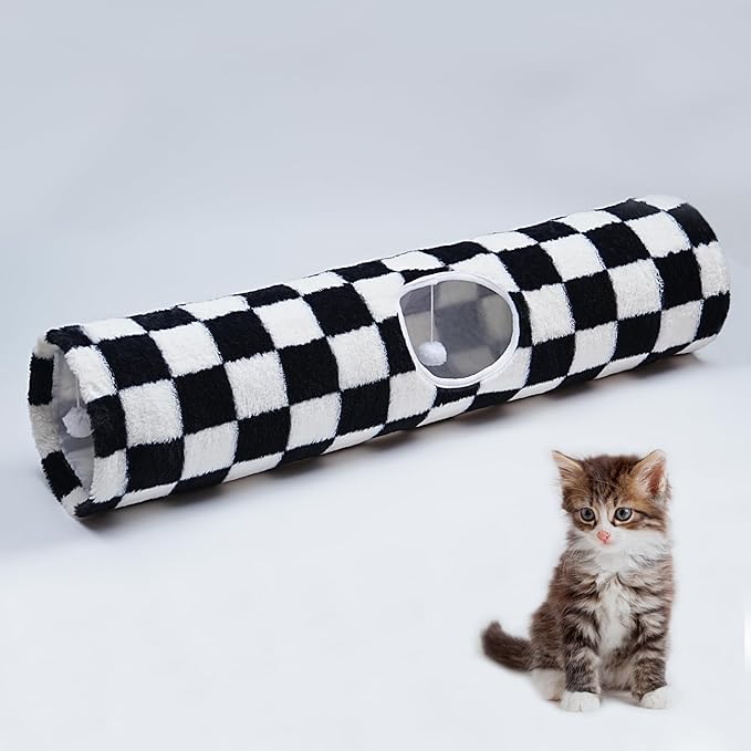 Luxurious Cat Tunnel,43" Straight Cat Tunnel Bed with Balls,Cat Toys for Indoor Cats,Collapsible Peekaboo Cat Cave for Kitten Toys(White and Black)