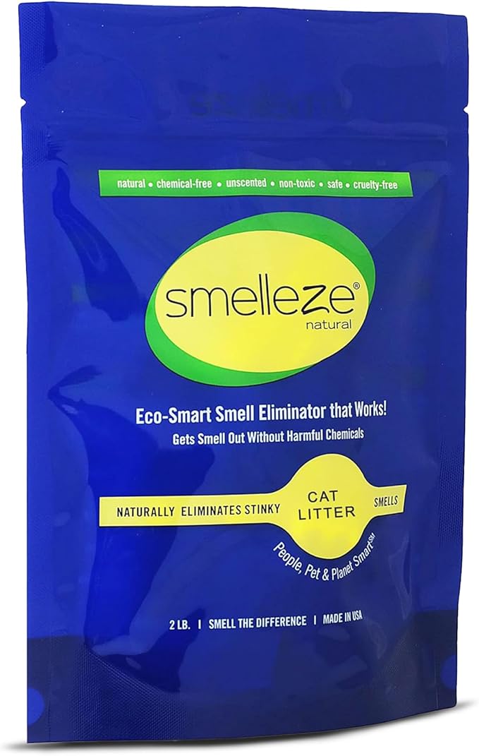 SMELLEZE Natural Cat Litter Smell Eliminator Deodorizer Additive: 2 lb. Rids Strong Urine & Poop Stench. Change Kitty Box Litter Less. Safe for Cats. Unscented