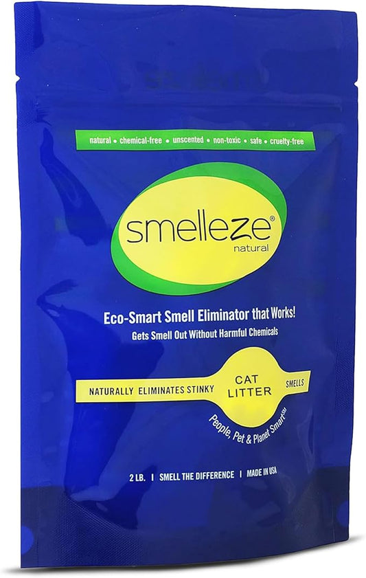 SMELLEZE Natural Cat Litter Smell Eliminator Deodorizer Additive: 2 lb. Rids Strong Urine & Poop Stench. Change Kitty Box Litter Less. Safe for Cats. Unscented