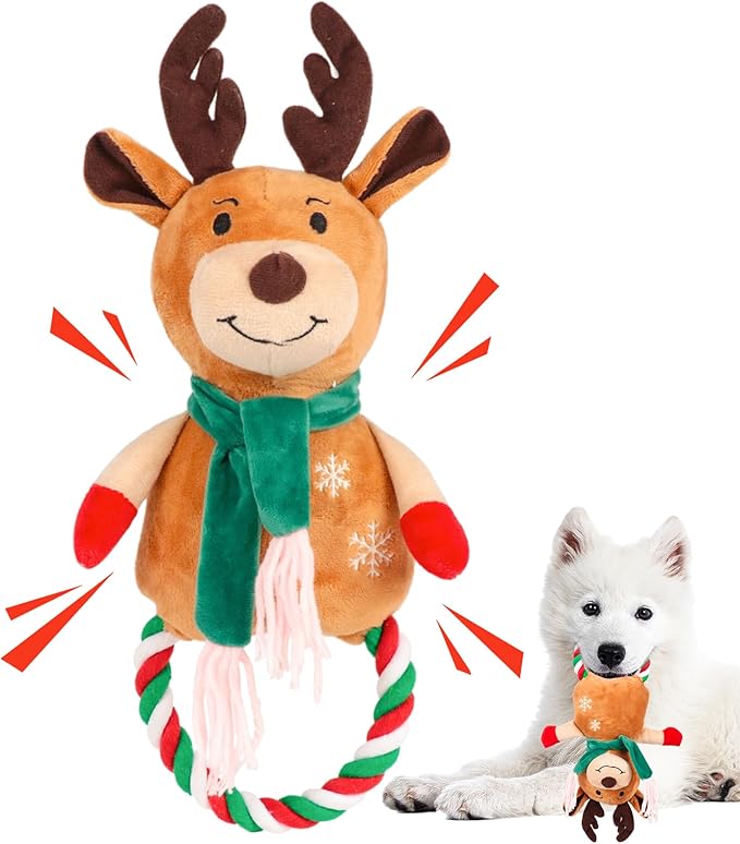 Squeaky Dog Toys - 1Pcs Christmas Elk Squeak Rope Chew Toy, Interactive Christmas Dog Toy Gifts for Small Medium and Large Breed