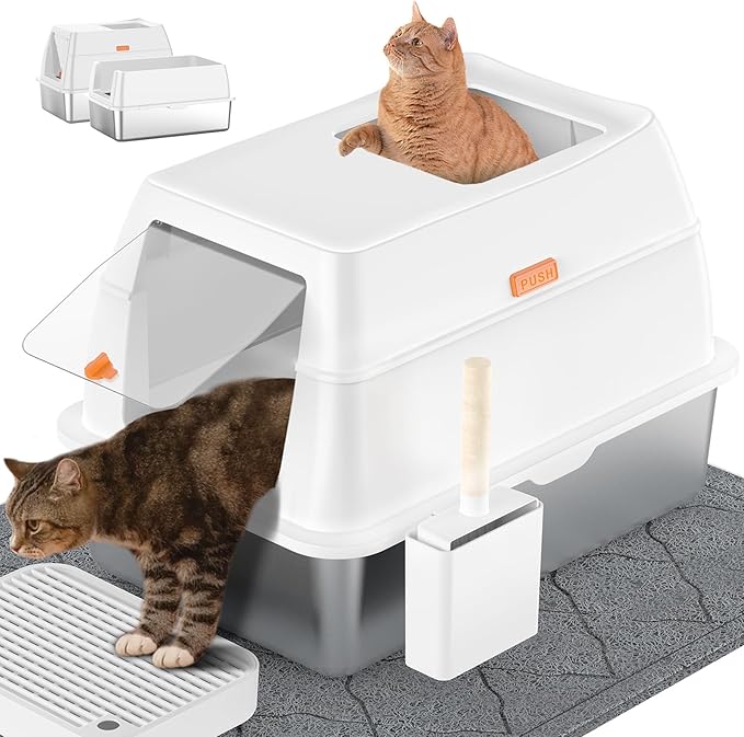 Stainless Steel Litter Box with Lid,Extra Large Enclosed Removable Cat Litter Boxes for Big Cats,Top Entry Metal Kitty Litter Box with Cover.Anti-Leakage,Easy Cleaning.Includes Scoop&Litter Mat-White