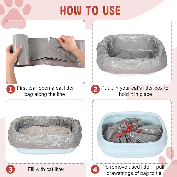 Tinlade 50 Count Jumbo Cat Litter Box Liners Large Drawstring Cat Litter Liners Bags Unscented Tear Resistant for Trash Waste to Keep Your Home Clean(36 x 18 Inch,Gray, Red)