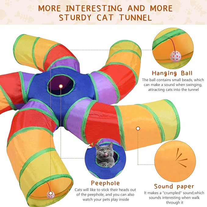 Cat Tunnels for Indoor Cats, 5 Way Cat Tubes and Tunnels Collapsible S-Shaped Cat Toys, Kitty Tunnels with Play Ball, Interactive Pet Tube Toys for Puppy, Kitty, Kitten, Rabbit, Multicolor
