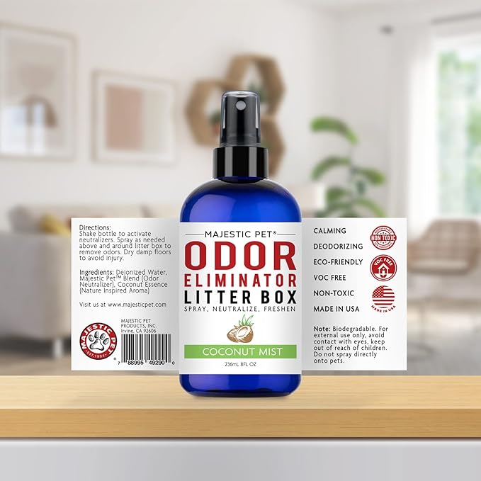 Majestic Pet Litter Box Deodorizer 8 FI Oz – Cat Litter Box Odor Eliminator - Litter Odor Eliminator Works on all Litter Types – Cat Litter Box Air Freshener-Cat Litter Deodorizer Spray Coconut Mist