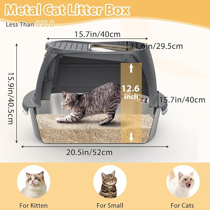 Stainless Steel Litter Box with Lid,Large Enclosed Cat Litter Box, Covered Metal Litter Tray for Easy Cleaning & Odor Control, Includes Scoop and Litter Mat, Hooded Cat Litter Pan for Kitten (Gray)