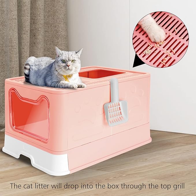 ROCCS Foldable Pink Cat Litter Box with Lid,No Smell Large Top Entry Litter Box with Cat Litter Scoop,Covered Drawer Type Kitty Potty,Including Fur Brush & Cleaning Glove, 20" x 16" x 15"