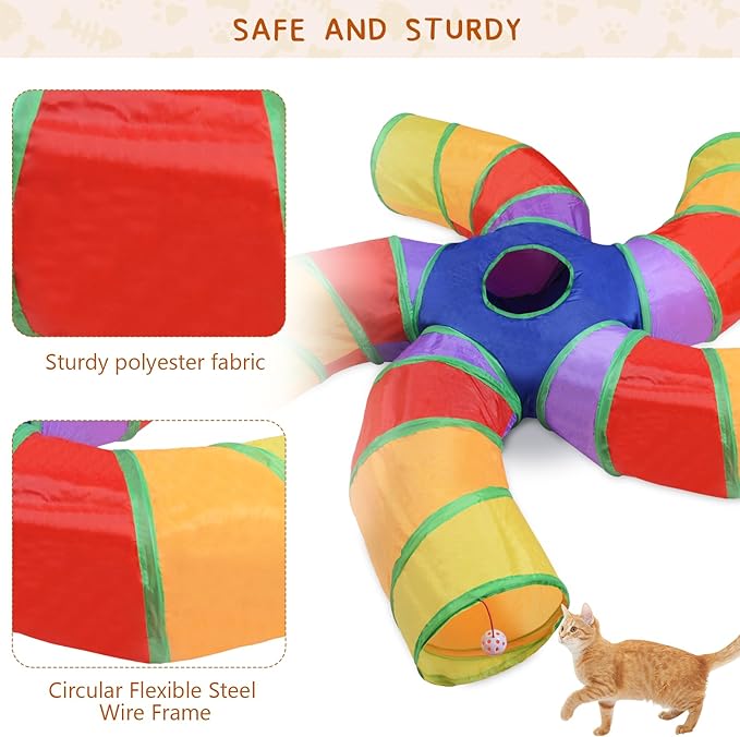 Cat Tunnels for Indoor Cats, 5 Way Cat Tubes and Tunnels Collapsible S-Shaped Cat Toys, Kitty Tunnels with Play Ball, Interactive Pet Tube Toys for Puppy, Kitty, Kitten, Rabbit, Multicolor