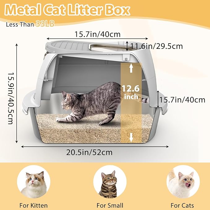 Stainless Steel Litter Box with Lid,Large Enclosed Cat Litter Box, Covered Metal Litter Tray for Easy Cleaning & Odor Control, Includes Scoop and Litter Mat, Hooded Cat Litter Pan for Kitten (White)