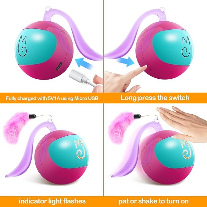 Migipaws Interactive Cat Ball Toy Set, Fun Tracker, Glowing Chase Ball with MystiChaser Pouch, Fluffy Tail, A Small Mice(Rose)