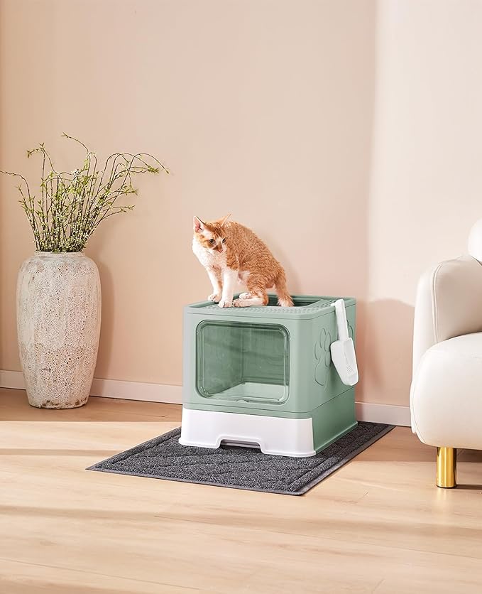 Cat Litter Box with X-Large Litter Mat and Scoop, Large Foldable Litter Box with Lid, Front Top Entry Exit Kitty Litter Box, Odor Control Easy Clean (Upgrade Green)