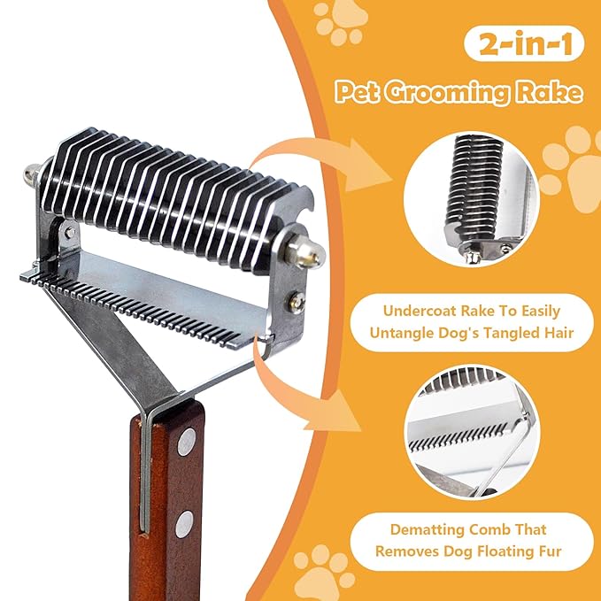 Pet Undercoat Rake for Long Haired Dogs Cats,2 in 1 Cat Safe Dematting Comb and Deshedding Brush Dog Grooming Tools with Wooden Handle Efficiently Remove Mats, Tangles, Loose Hair