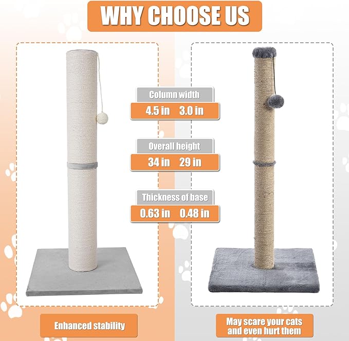 MumMarmot's Cat Scratching Post with Premium Sisal Rope 4.5 Inch Large Diameter Scratcher Post for Indoor Cats Beige(34 inch)