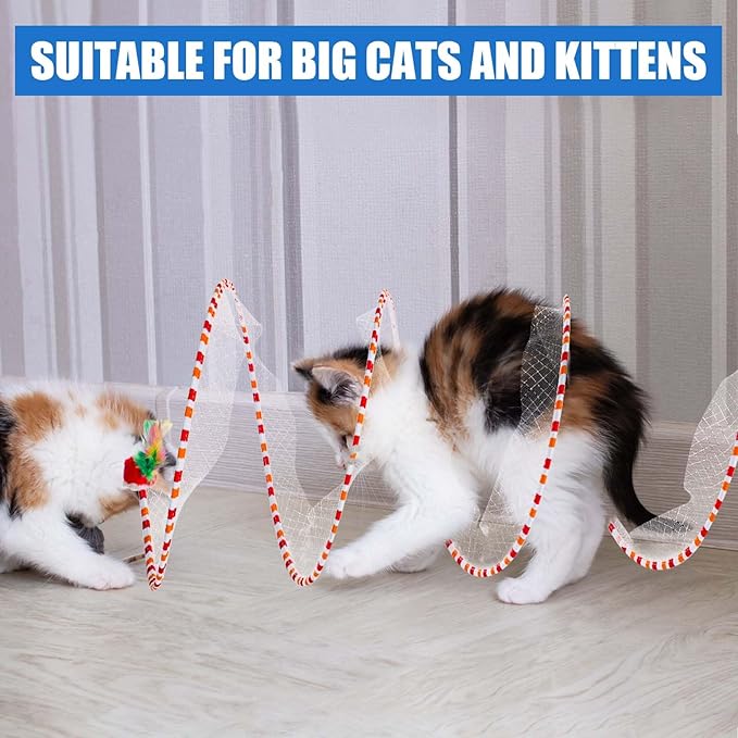 2pcs Cat Tunnels for Indoor Cat, S Type Folded Cat Tunnel Spring 10in Large Size Collapsible Spiral Cat Toy with Feather and Mouse Toy for Pet Puppy Kitten Interactive Exercise(Striped Green, Red)