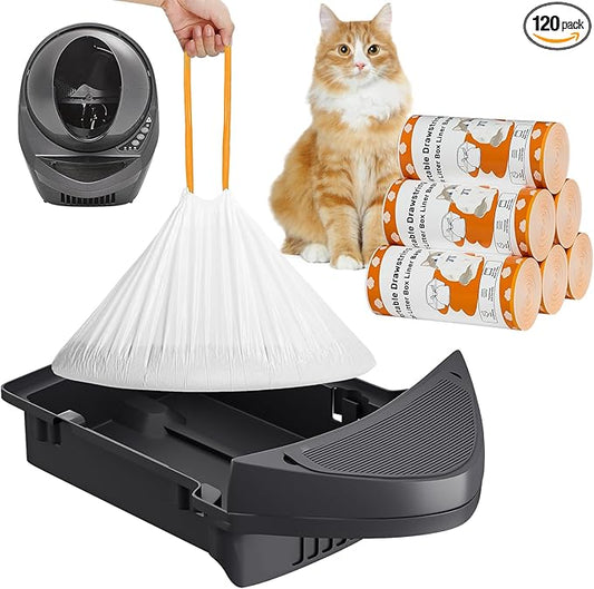 Cat Litter Box Robot 4 and 3 Waste Bags – 120 Count Extra Thick Drawstring Liners Compatible with Self-Cleaning Litter Box Robot, Heavy-Duty Cat Litter Box Liner Bags, 9-11 Gallons