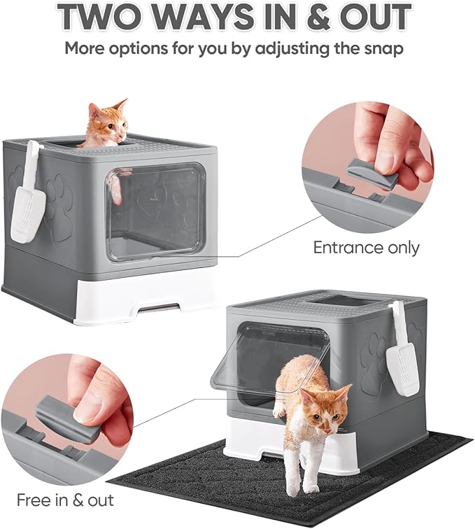 Cat Litter Box with X-Large Litter Mat and Scoop, Large Foldable Litter Box with Lid, Front Top Entry Exit Kitty Litter Box, Odor Control Easy Clean (Upgrade Dark Grey)