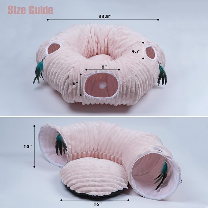 Cat Tunnel Bed,Cat Tunnel Bed with Soft Central Cat Couch,Cat Toys for Indoor Cats,Collapsible Peekaboo Cat Cave,Cat Donut Tunnel and Kitty Toy Set(Pink Stripe,Donut)