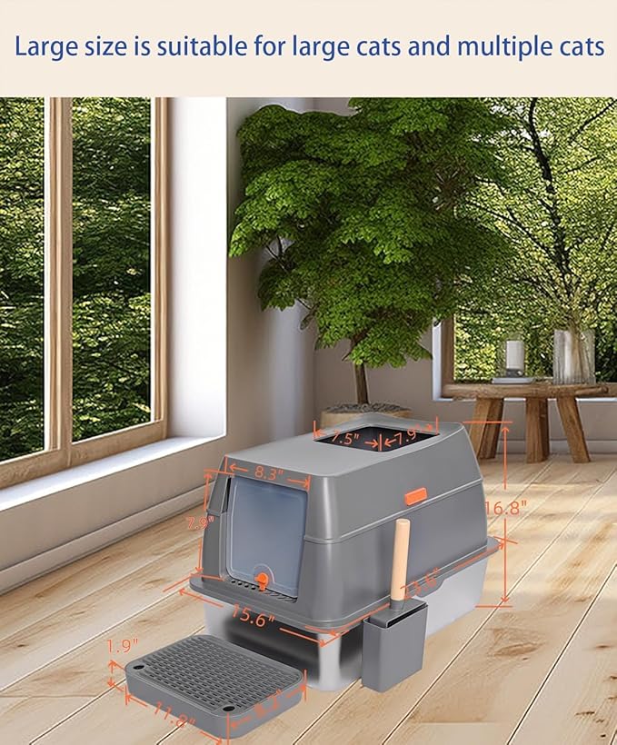 Ultimate XL Stainless Steel Litter Box with Lid Spacious & Stylish Enclosed Design for Big Cats, Multiple Cats, Odor-Free & Easy Cleaning, High Sided Cat Litter Pan with Cover Gray