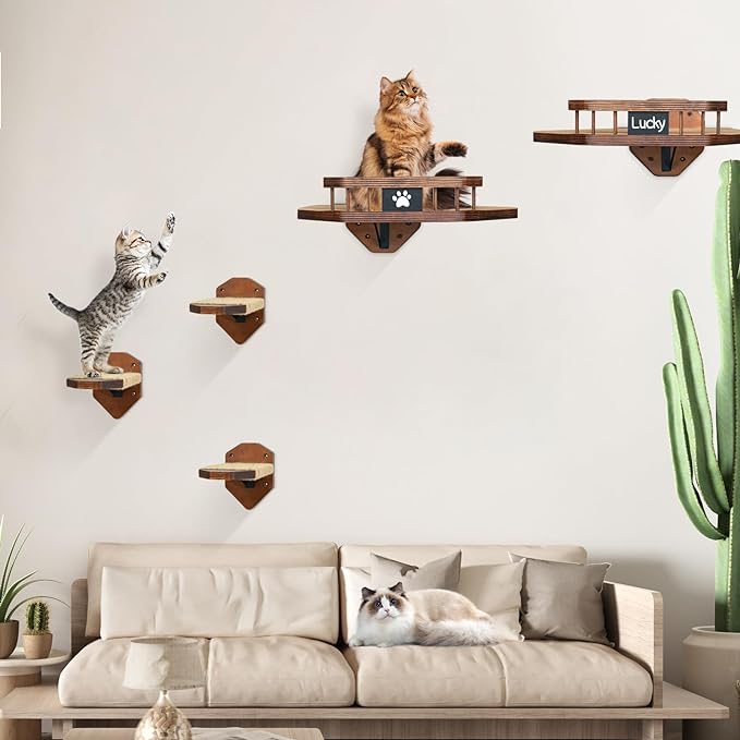 Cat Wall Furniture Wall Mounted, 2PCS Cat Shelves and Cat Perches for Wall with 3 Cat Wall Steps and Scratching Pad, Cat Wall Shelves Fit Cat Up to 15Lbs, Wood Cat Hammock Wall Mount (Brown)