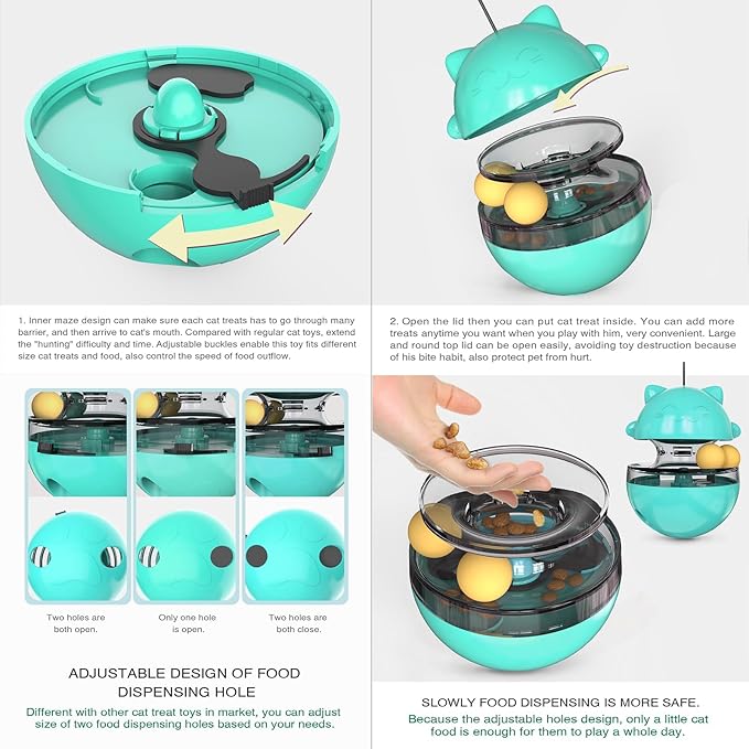 2 in 1 Cat Treat Dispenser Toy - Cat Interactive Toy and Cat Treat Ball, Tumbler Interactive Ball Cat Puzzle Feeder, Cat Food Puzzle Toy,Suitable for All Types of Cats and Small pet Dogs(Lake Blue